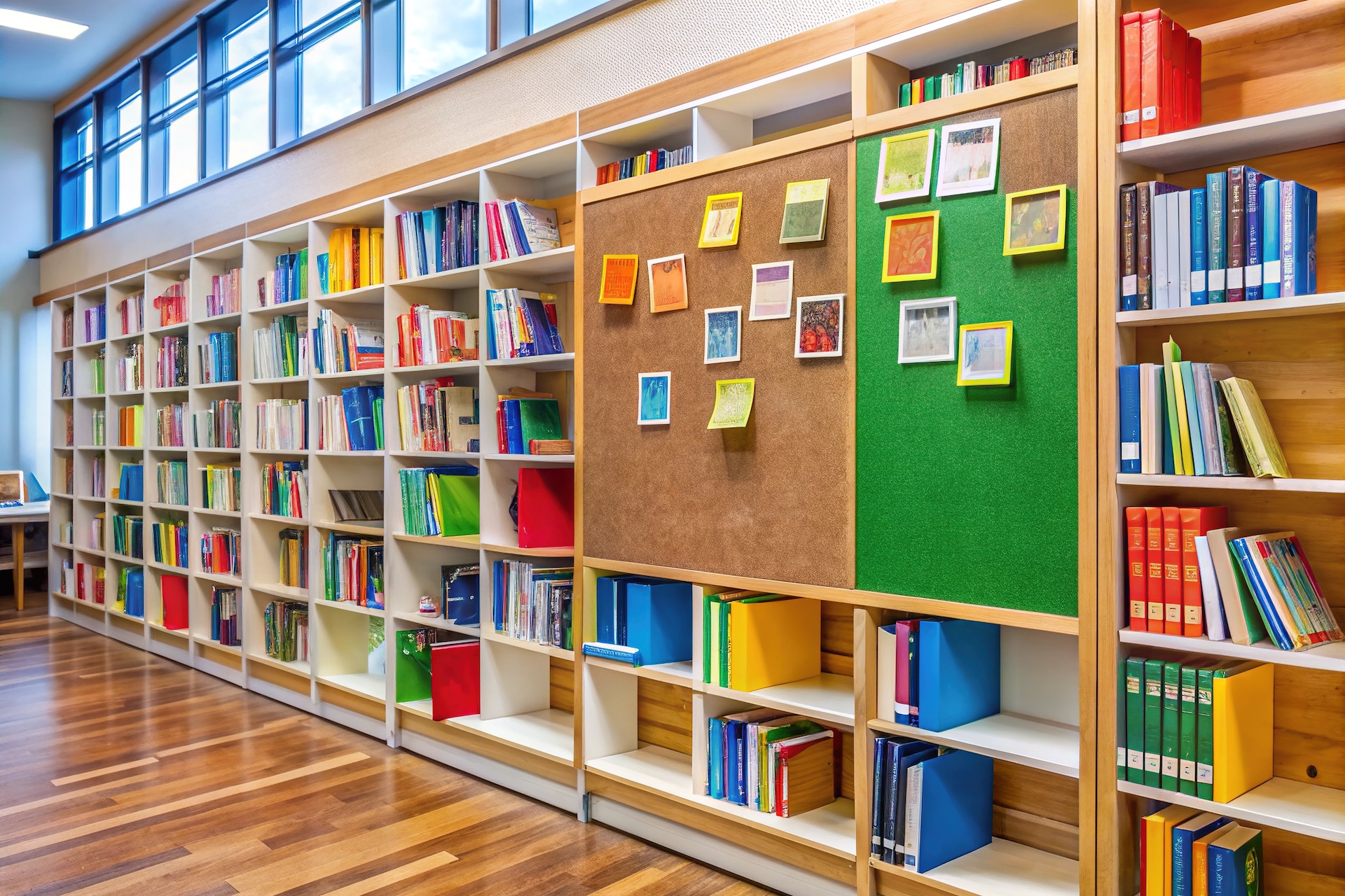 Colorful poster on a wooden bulletin board in a modern school library, surrounded by shelved books, showcasing new resources and materials for students.